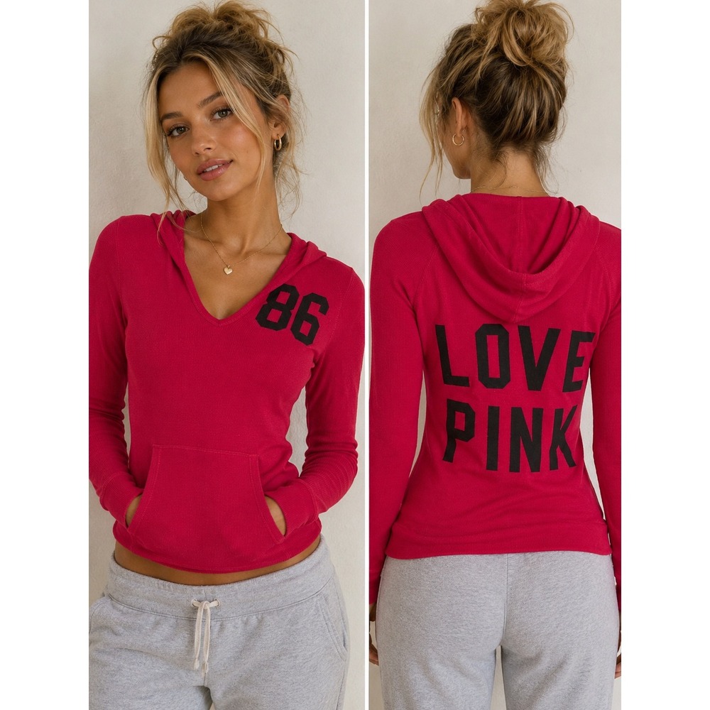 Victoria's Secret Y2K PINK Thermal Hoodie Waffle Knit 86 Love Pink Graphic Small